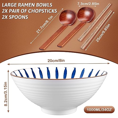 YTLEMON Ramen Bowls Set of Ceramic, 2 Sets of 34 Ounces Large Japanese Serving Bowls with Chopsticks and Spoons Forks for Pho, Dinnerware for New Apartments Suitable as Housewarming Gifts(Black)