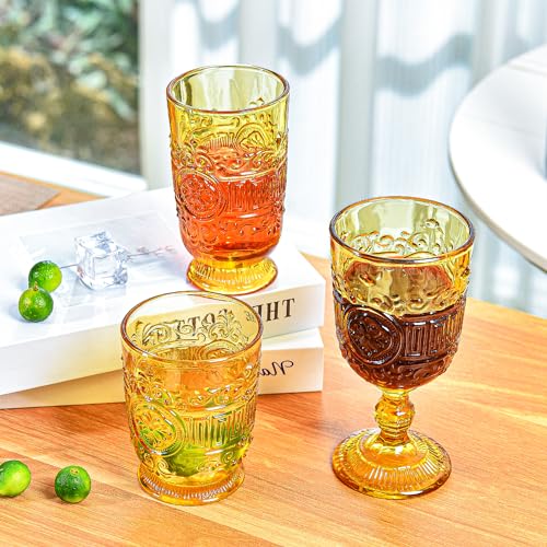 Sungmor Vintage Drinking Glasses Beverage Glass Cups, Set of 3 Embossed Wine Goblets & Highball Glasses and Old Fashioned Glasses, Amber Cocktail Drinking Glassware, 10 oz Water Tumblers Juice Glasses