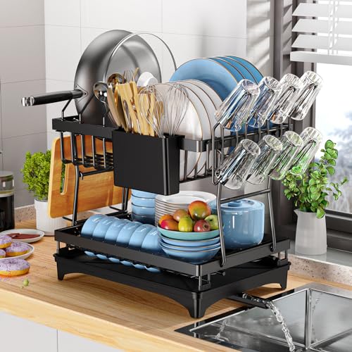 PKBD Rustproof Stainless Steel Dish Drying Rack,2 Tier Large Dish Rack for Kitchen Counter,Dish Rack with Drainboard,Utensil Holder & Cup Holder,Black