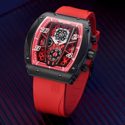 BORUSE Chronograph Watch for Men Red Square Waterproof Quartz Watches Fashion Sport Silicone Strap Luminous Calendar Analog Wristwatch