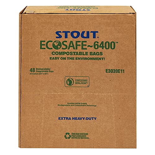 STOUT by Envision E2430E85 EcoSafe-6400 Compostable Bags, 24" x 30", 13 gal capacity, 0.85 mil thickness, Green (Pack of 45)