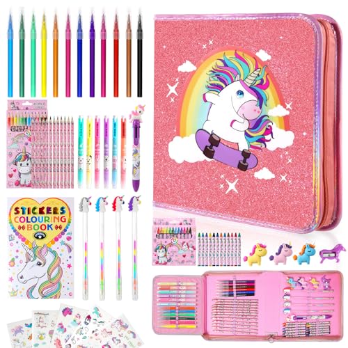 CozyJoyz Unicorn Washable Marker Set, 59 Pcs Arts and Crafts Coloring Set for Kids, Drawing Art Supplies Birthday Gifts for Girls 4-9 Year Old (Pink)