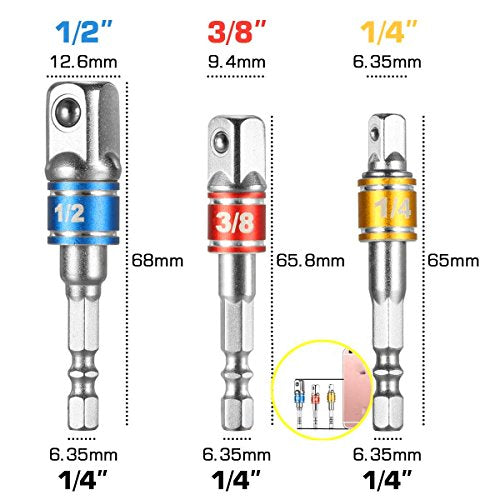 CIGOTU Tools Impact Socket Adapter Set 3pcs Joint Socket 1/4 3/8 1/2 In Hand Power Wrench Ratchet Drill Adapter/Extension Set Turns Power Drill Into High Speed Nut Driver (Black)