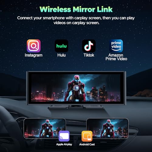 LAMTTO Wireless Carplay &Android Auto with 4K Dash cam,9.26 Inch Protable Carplay Screen for Car,1080P Backup Camera, Digital Media Receivers with Voice Control/Bluetooth/G-sensor/GPS/Mirror Link