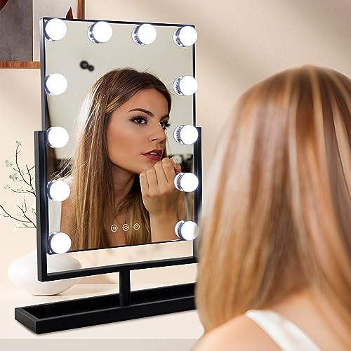 SLIMOON Hollywood Vanity Mirror with Lights, 12 Dimmable LED Bulbs Lighted Makeup Mirror with Detachable 10X Magnification Mirror, 1000mAh Rechargeable, 3 Color Lights, Touch Control