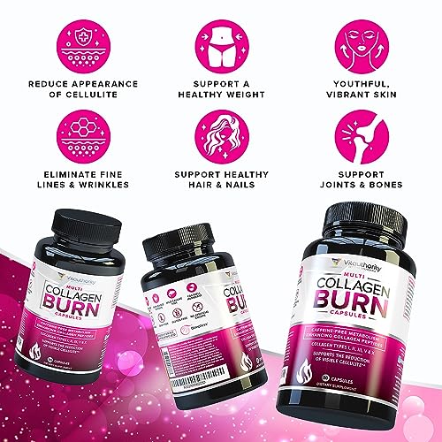 Multi Collagen Burn: Multi-Type Hydrolyzed Protein Peptides with Hyaluronic Acid, Vitamin C, SOD B Dimpless, Types I, II, III, V and X Collagen, Caffeine-Free (Unflavored Capsules)