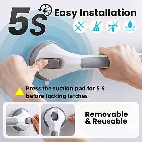 TAILI Shower Grab Bar 16 Inch Suction Cup Grab Bars for Bathroom & Shower, Removable Shower Safety Handle Heavy Duty Bathtub Grip for Seniors & Elderly, Strong Handrails No Drilling Waterproof, Grey