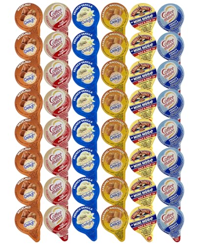 48 Assorted Coffee Creamer Singles Pack - 6 Flavored Variety Bundle, Including Caramel Macchiato, Half & Half, French Vanilla, and Hazelnut