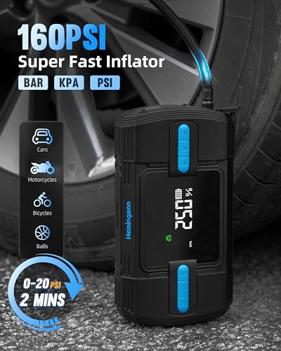 Car Jump Starter with Air Compressor, Hemingson 160PSI 3000A Portable Car Battery Jump Starter (9.0L Gas/8.0L Diesel), 12V Car Battery Jump Box Jumper Starter with Oversized LCD Display, Lights