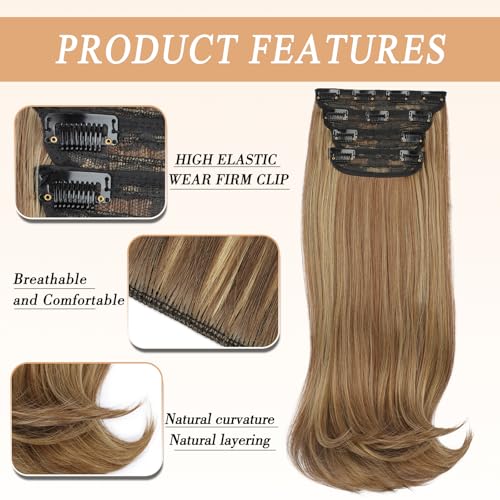 FREEMEIGE Clip in Long Wavy Synthetic Hair Extension 20 Inch Medium Brown 4PCS Thick Hairpieces Fiber Double Weft Hair for Women