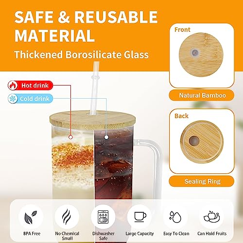 FECBK 40 oz Glass Tumbler with Handle 2 Pack Glass Tumbler with Straw and Lid Clear Glass Water Cup Reusable Iced Coffee Cup, Fits Car Cup Holder, BPA Free, for Boba Tea, Juice, Smoothie, Beer