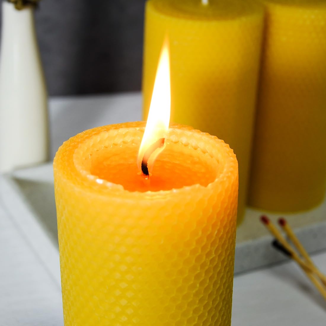 AGLARY 3PCS 3 * 6" Beeswax Pillar Candles, Large Handmade Pure Beeswax Rolled Candles, Unscented & Dripless & Smokeless,Original Color