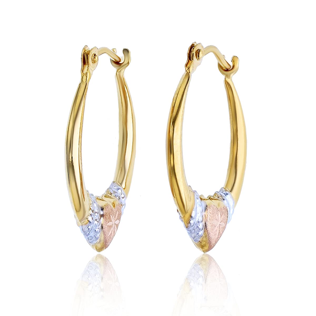 14K Gold Solid Tricolor Diamond Cut Heart Hoop Earrings For Women and Girls, 2.70x18mm