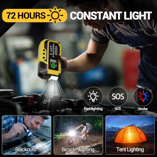 E-Ant Car Jump Starter with Air Compressor(10L Gas/8L Diesel), 4000A Peak 12v Auto Battery Jump Pack, Power Bank USB QC3.0 Outputs Portable Battery Booster Pack Jumper Box Tire inflator 150PSI, Yellow