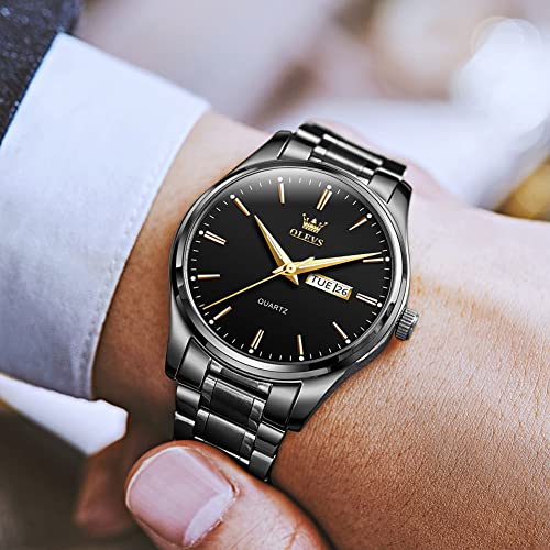 OLEVS Men's Analog Watches Two Tone Stainless Steel Band Date and Day Quartz Watch for Men Black Dial Easy to Read Men's Battery Watch with Numbers Casual Hand Watches for Older Men Reloj de Hombre