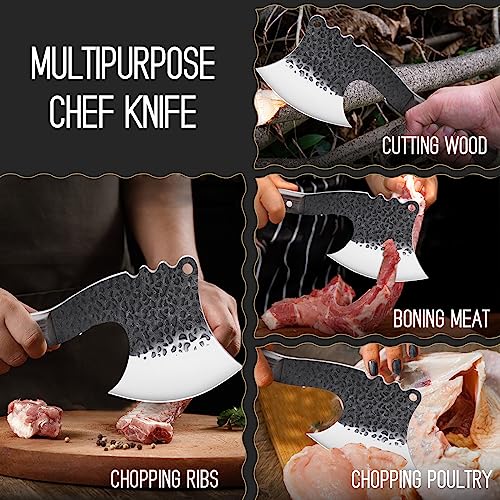 ROCOCO Meat Bone Cleaver Knife for Meat Cutting Handmade Heavy Duty Butcher Axes Hand Forged Full Tang Chopper for Kitchen Outdoor BBQ Mother Father Gifts Idea Men Black