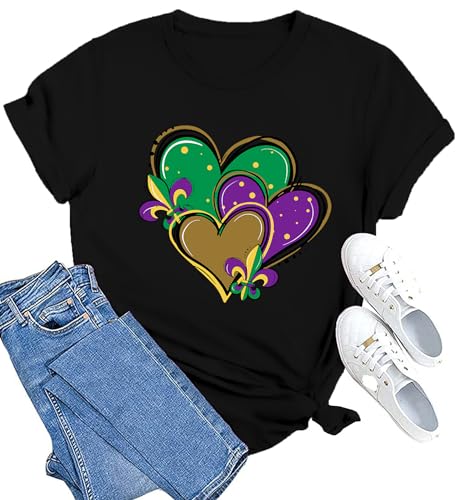 MAIHUN Happy Mardi Gras Shirt Womens Mardi Gras Day Heart Tshirt Tuesday Carnival Tee New Orleans Party Short Sleeve Black