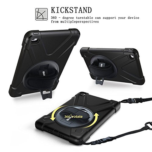 BRAECN for iPad Mini5 Case,iPad Mini4 Shockpoof Case Three Layer Drop Protection Rugged Heavy Duty Cover w/ 360 Degree Swivel Stand/Hand Strap and Shoulder Strap for iPad Mini 2019 Case (Black)