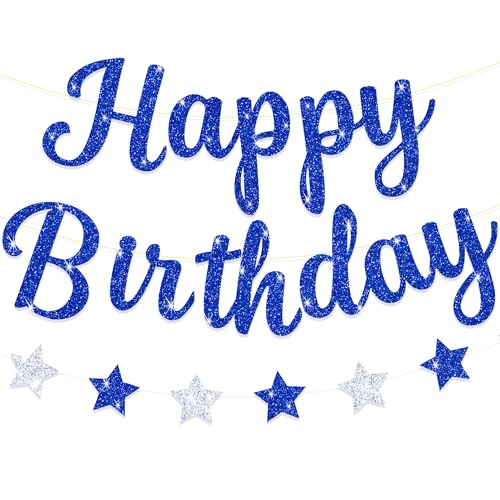 Blopee Large Happy Birthday Banner, Blue Happy Birthday Banner for Men/Women, Blue Happy Birthday Sign for Backdrop, Blue and Silver Happy Birthday Banner for Royal Blue Happy Birthday Decorations