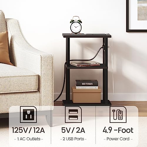 TUTOTAK Small Narrow Side Table with Charging Station, Skinny End Table for Small Spaces, Slim Nightstand with USB Ports and Outlet, Sofa Beside Table with Wheels, Black TB01BK046