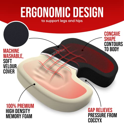 FORTEM Chair Cushion, Seat Cushion for Office, Lumbar Support for Chair, Back Support Memory Foam Pillow Washable Cover, XL (Black, Mesh)