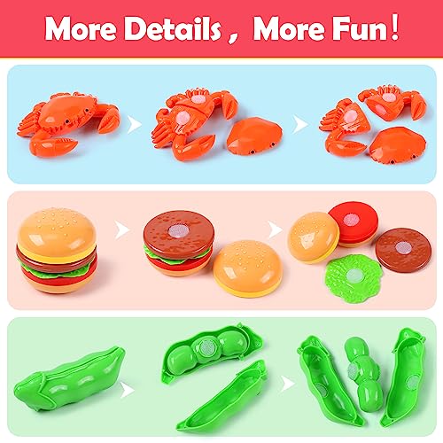 HOLYFUN Play Food Toy Set for Kids Kitchen, Shopping Basket with Cutting Fruit & Vegetables Accessories, Pot and Pan, Plastic Dishes, Toddler Play Kitchen Accessories Educational Toys for Boys Girls