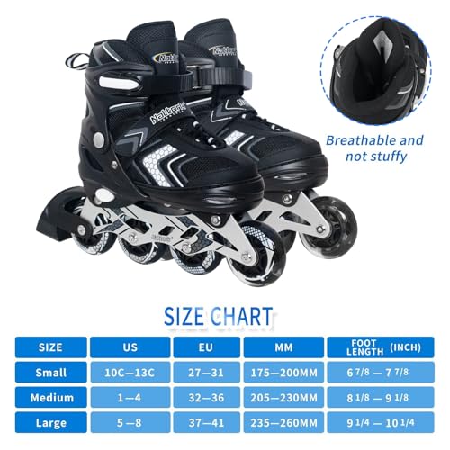 Nattork Inline Skates for Boys Girls with Full Light up Wheels, Adjustable Beginner Roller Skates for Kids Youth Black Age 6-12