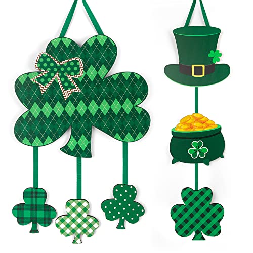 2 Pieces St. Patrick's Decoration Shamrock Clover Wood Front Door Wall Signs with Ropes DIY, Irish Sign Ornaments Hanging Crafts for Home Party Supply