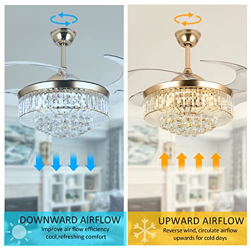 wuyule 42 Inches Crystal Ceiling Fan Golden Modern Crystal Chandelier Ceiling Fan with Lights and Remote, Invisible Fandelier LED Light kit with Retractable Blades for Indoor Living Room Bedroom