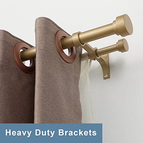 Heavy Duty Double Curtain Rods with Cylindrical Cap Finials - 36 to 72' Telescoping Rods, 1 Inch and 5/8 Inch Diameter, Light Gold