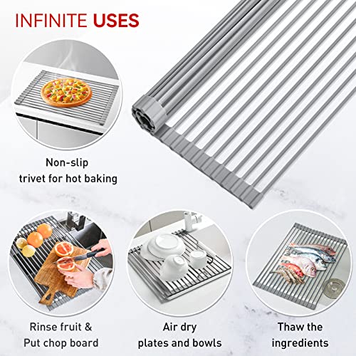 MERRYBOX Roll Up Over The Sink Dish Drying Rack Silicone Wrapped Foldable, Heat-Resistant, Anti-Slip Sink Rack Multipurpose Dish Drainer for Kitchen Sink Counter - Grey, 17.5" x 11"