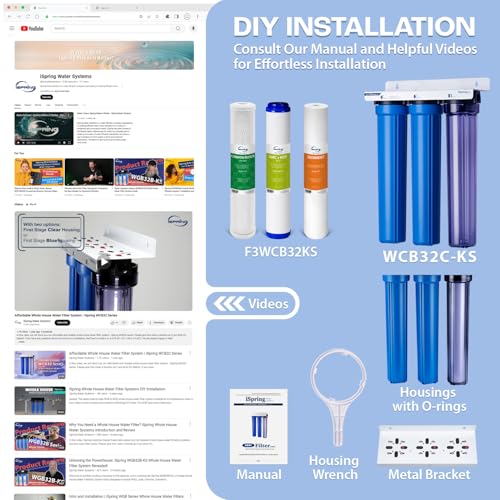 iSpring Whole House Water Filter System, Highly Reduces up to 99% Chlorine, Sediment, Taste, Odor, 3-Stage Water Filtration System w/Clear 1st-Stage Housing, Model: WCB32C, 3/4" Inlet/Outlet