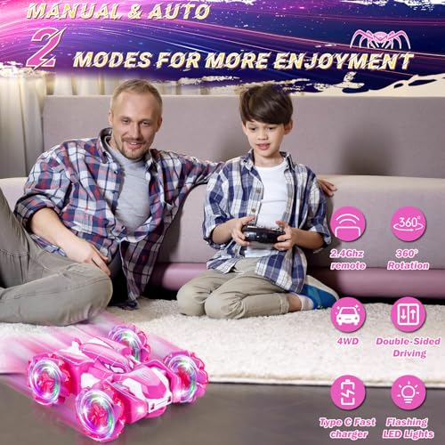 Spider Remote Control Car, 2.4Ghz Double Sided RC Cars with LED Light 360° Rotating RC Drift Car, 4WD Rechargeable RC Stunt Car Spider Toys for Boys 4-6 5-7 8-13 Girls Gifts Indoor Outdoor, Pink