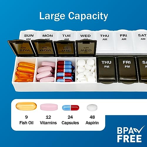 Amazon Basic Care (7-Day) AM/PM Pill Organizer, Vitamin Case, And Medicine Box, Large Compartments, 2 Times a Day, Black and Clear Lids