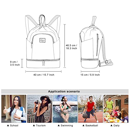 KAMO Drawstring Backpack Bag - Sport Swimming Yoga Backpack with Shoe Compartment, Two Water Bottle Holder for Men Women Large String Backpack Athletic Sackpack for Travel