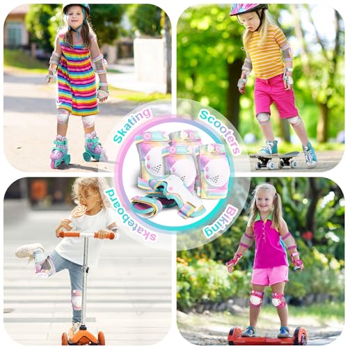 SULIFEEL Rainbow Unicorn Knee Pads for Kids Knee Elbow Pads Wrist Guards with Drawstring Bag Adjustable Protective Gear Set for Girls Roller Skating Bike Cycling Skateboard Scooter Dazzling Small