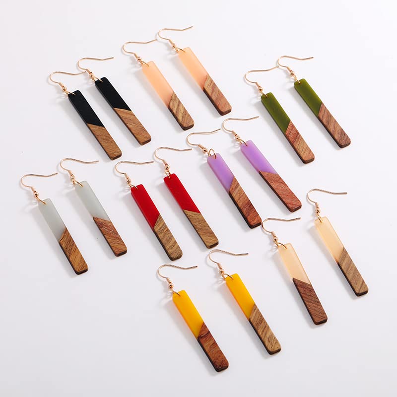 Retro Wooden Resin Geometric Bar Drop Dangle Earrings Two Tone Handmade Natural Wood for Women Lightweight Bohemian Statement Jewelry-Green