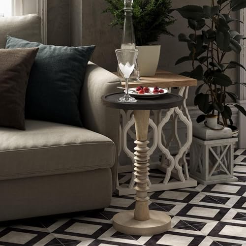 Pedestal Small Drinking Table, Farmhouse Tray Top End Table, Distressed Finish, Black Top on Aging White Frame