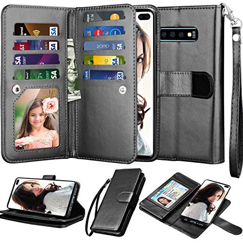 Njjex Galaxy S10 Plus Wallet Case - PU Leather, 9 Card Slots, Detachable Kickstand, Magnetic Cover & Wrist Strap [Black]