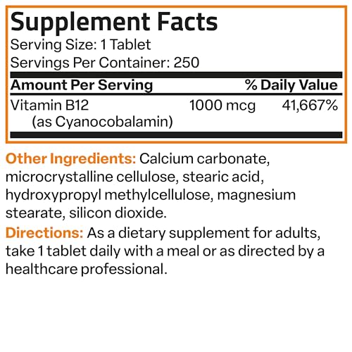 Bronson Vitamin B12 1000 mcg (B12 Vitamin As Cyanocobalamin) Sustained Release Premium Non GMO Tablets Supports Nervous System, Healthy Brain Function and Energy Production, 250 Count