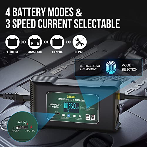 35-Amp Car Battery Charger, 12V and 24V Smart Fully Automatic Battery Charger Maintainer Trickle Charger w/Temperature Compensation for Car Truck Lawn Mower Boat Lead Acid Lithium LiFePO4 Batteries