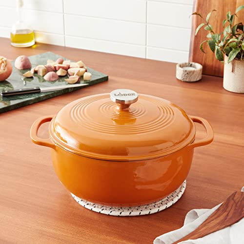 Lodge 6 Quart Enameled Cast Iron Dutch Oven with Lid – Dual Handles – Oven Safe up to 500° F or on Stovetop - Use to Marinate, Cook, Bake, Refrigerate and Serve – Apricot