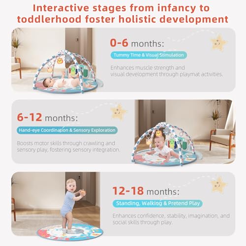 Baby Tummy Time Mat, Baby Gyms Playmats Activity Mat with 4 Toys and Mirror, Piano Keys with 40 Music, Multi-Functional Sensory Development Activity Gym for Infants and Toddlers 3 to 18 Month(Blue)