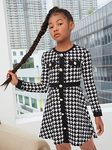 WDIRARA Girl's Houndstooth Print Button Front Long Sleeve Flare Hem A Line Short Dress Black 9Y