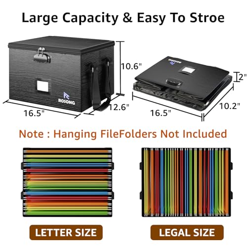 ROSONG Fireproof Document Box File Organizer - Portable Locking Filing Storage Box with Handle Waterproof for Hanging Letter/Legal Folder Important Document