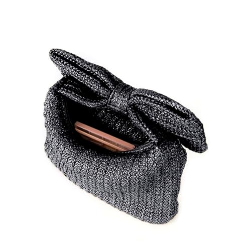 YYW Women Straw Clutch Purse Woven Bowknot Envelope Handbag Wedding Clutch Bag for Vocation Party (Black)