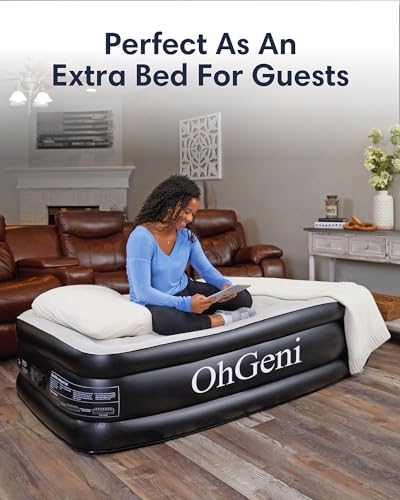 OhGeni Twin Air Mattress with Built in Pump for Guest, 18" Tall Colchon Inflables Blow Up Air Bed with Carrying Bag for Camping, Raised Elevated Double Airbed, Foldable&Portable Air Mattress, Black