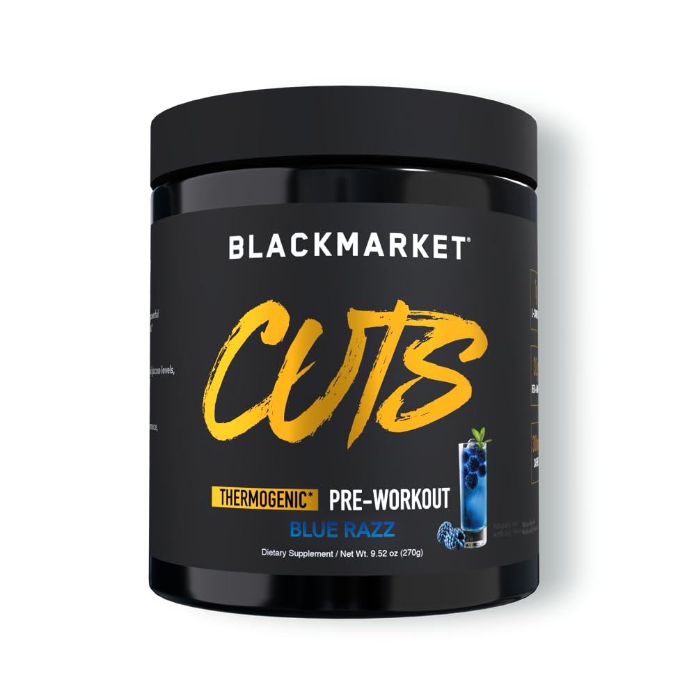 BLACKMARKET CUTS Pre Workout - Flavored Energy Powdered Drink Mix for Men & Women, Great for Muscle Definition, Thermogenic, Creatine Free, (Blue Razz, 30 Servings)