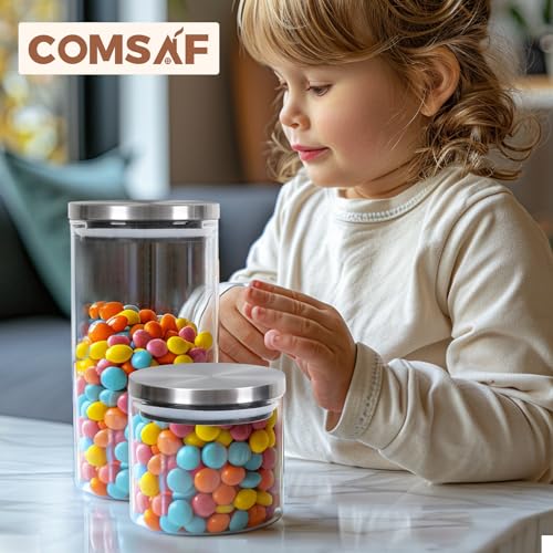 ComSaf Glass Food Storage Containers with Stainless Lids, Clear Glass Jar with Lid set of 6, Small Glass Containers with Lids, 20 OZ Glass Storage Jars for Spice, Sugar, Tea, Kitchen Canister Set