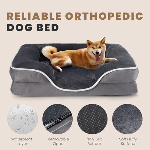 Sweetcrispy Orthopedic Dog Bed, Memory Foam Pet Bed for Medium Dogs with Washable Removable Cover Non-Slip Base Waterproof Liner Egg Crate Foam for Improved Sleep, Grey, 28" L x 23" W x 6.5" Th